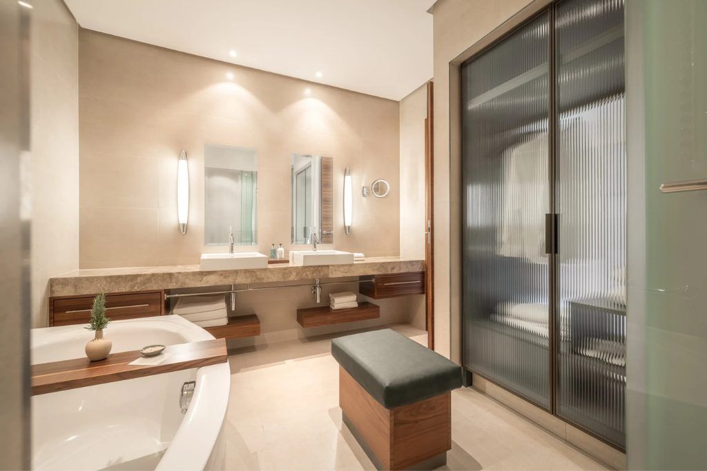 The spacious bathroom in one of the rooms at the Monte Mullini.