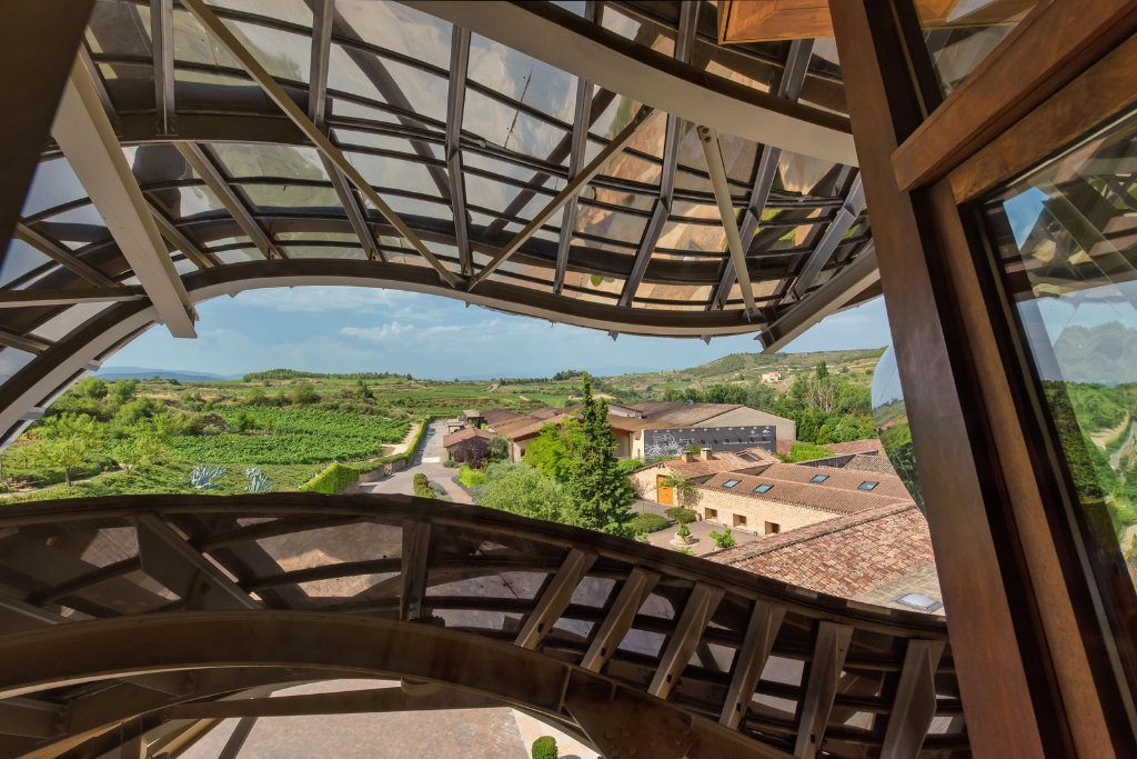 A view from the sculptural rooftop of Hotel Marques de Riscal.