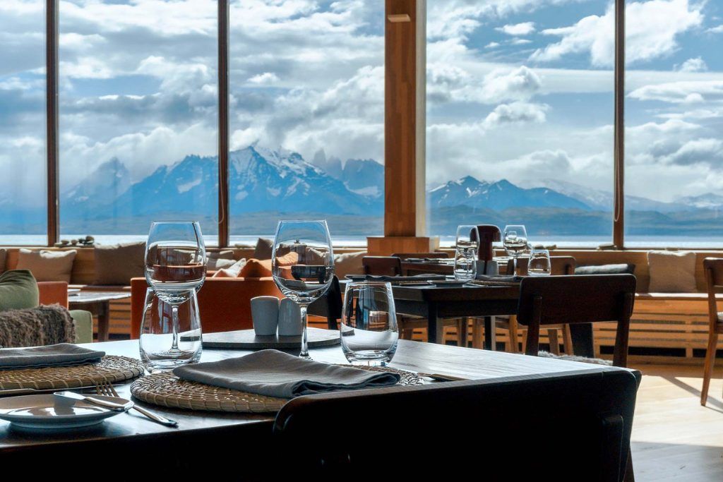 The dining room in Tierra Patagonia looking out into Chilean Patagonia.