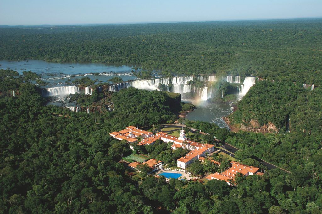 An aerial view of Hotel Das Cataratas and the falls.