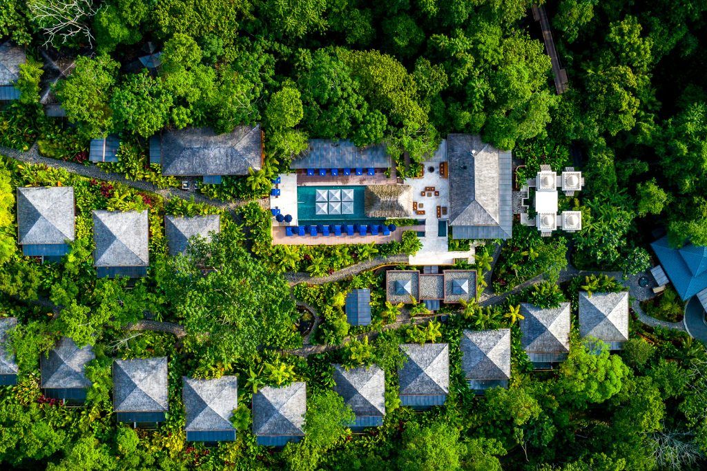 An aerial view of the individual bungalows at Nayara Springs.