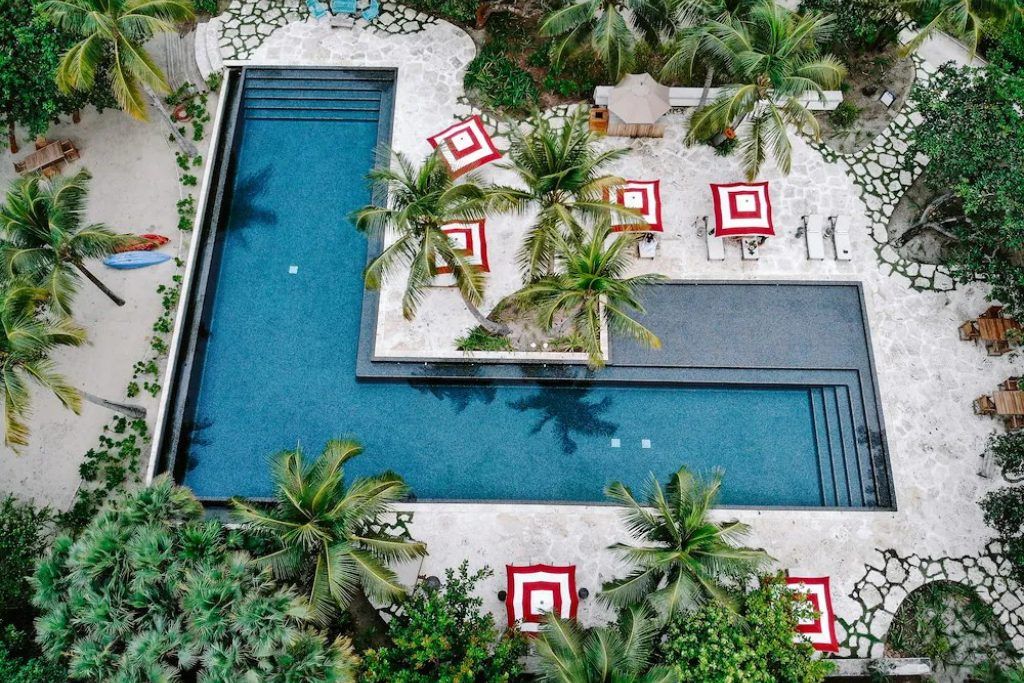 An aerial view of the pool at Itz'ana in Placencia.