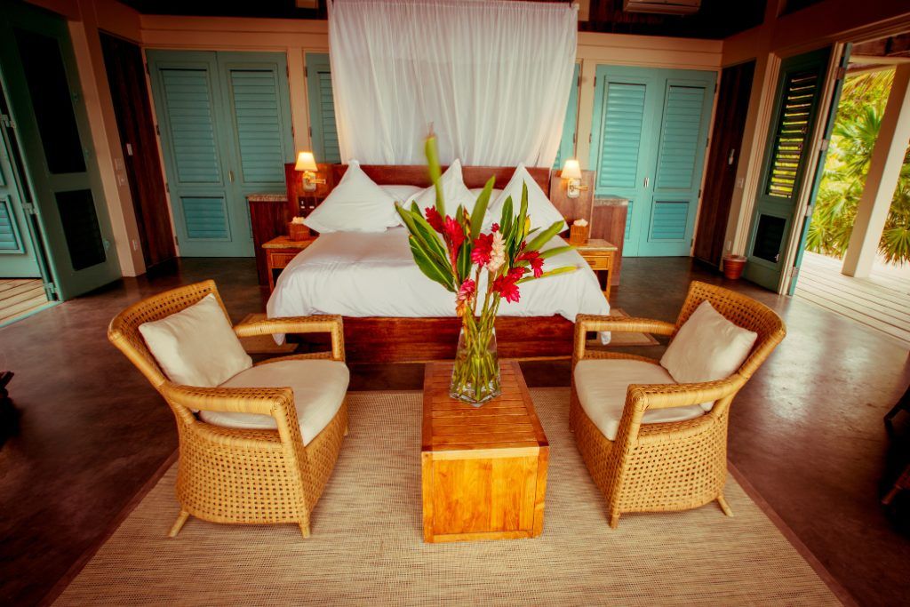 One of the bedrooms at Cayo Espanto.