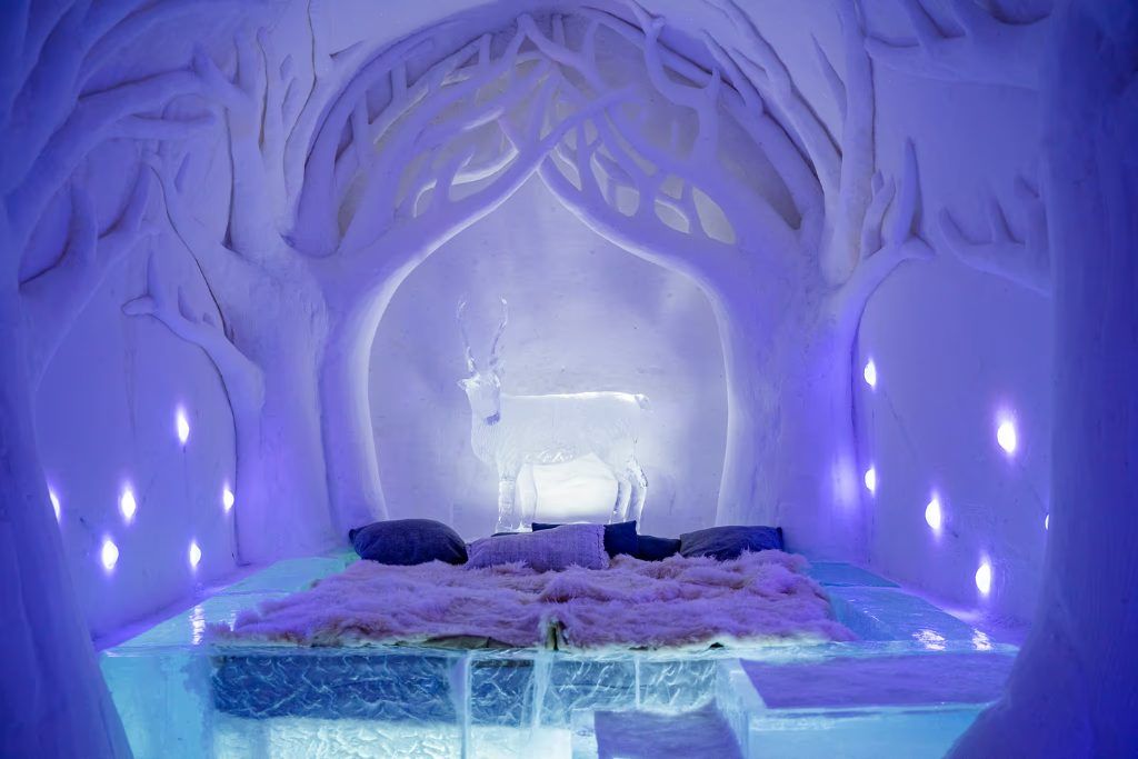 One of the fur-covered beds in the rooms at the Igloo Hotel.