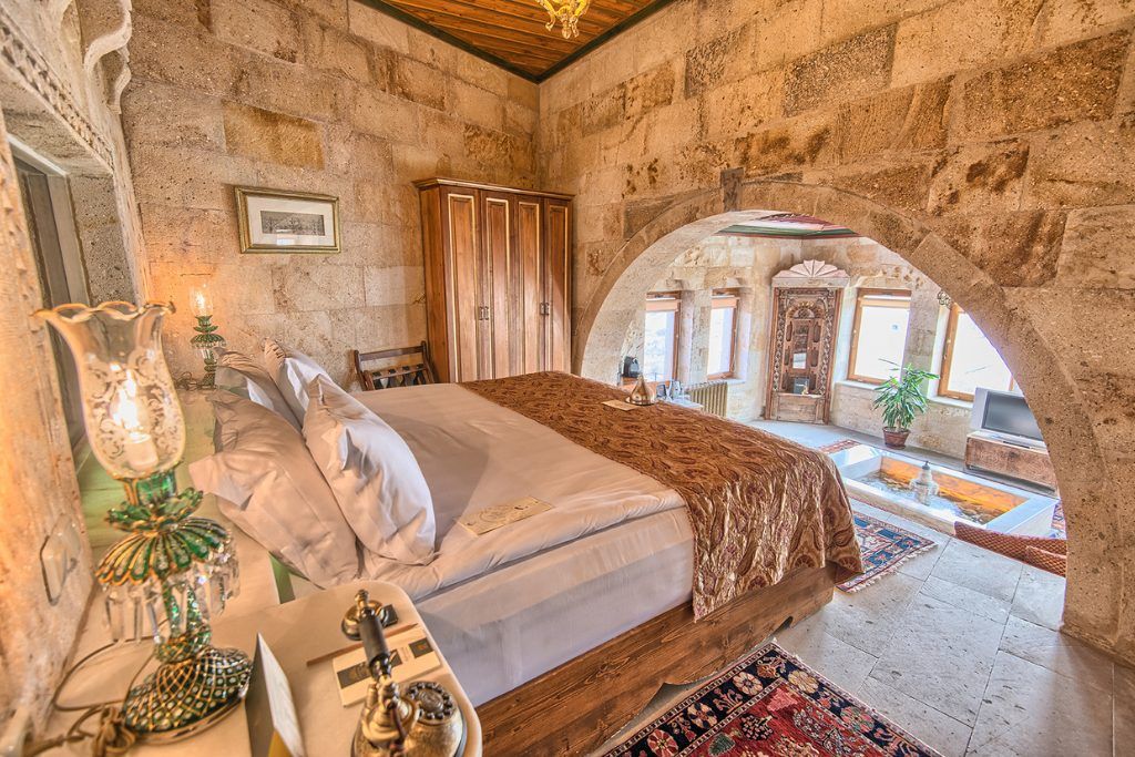 One of the bedrooms in the stone Museum Hotel.