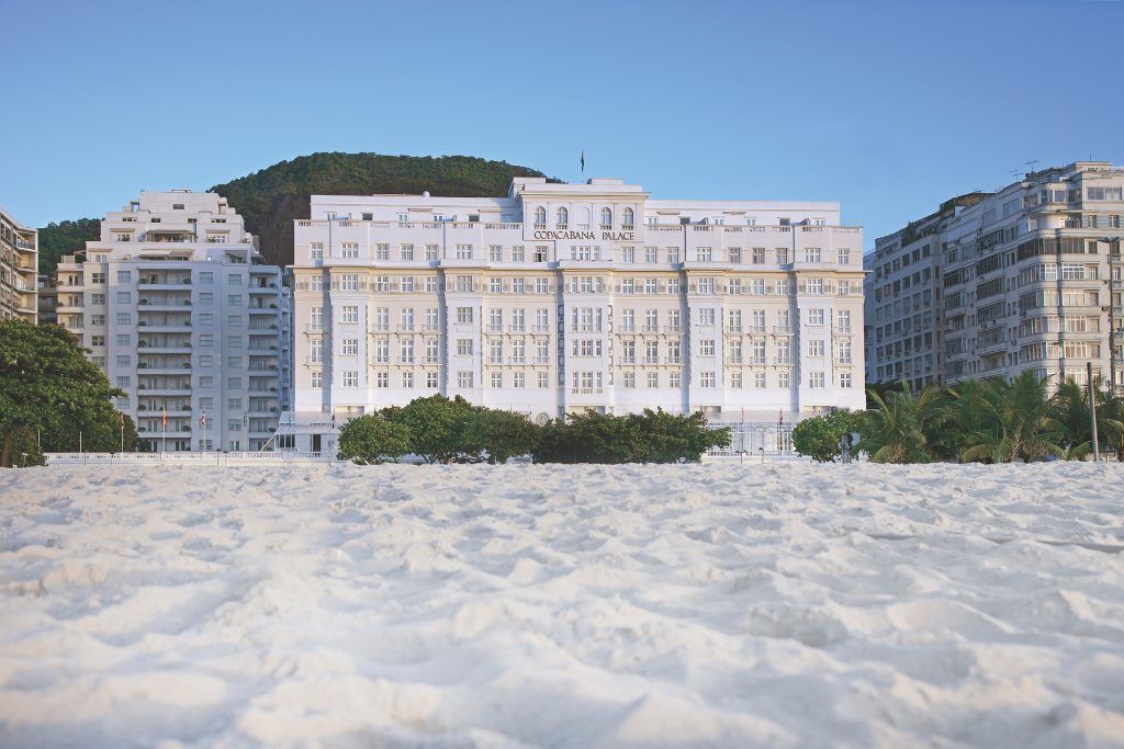 A beachfront view of the Copacabana Palace in Rio de Janeiro.