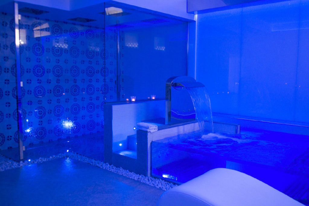 The spa at Villa Athena with ambient blue lighting.