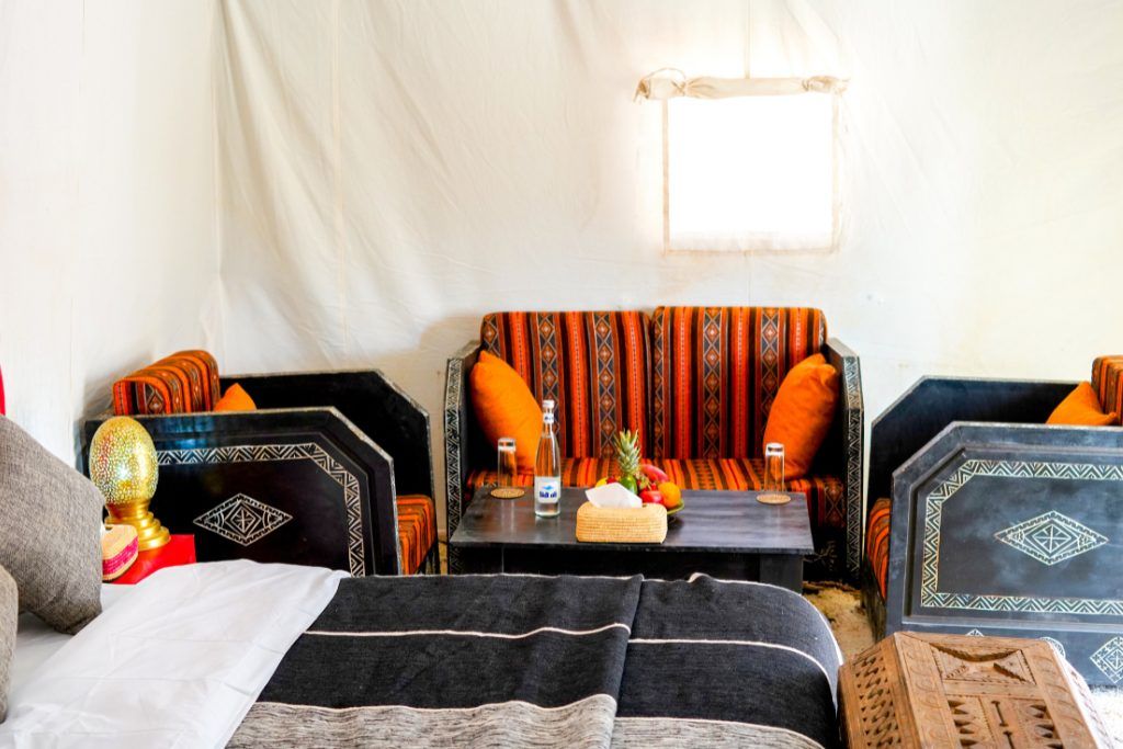A lounge in one of the tents in Private Desert Camp.