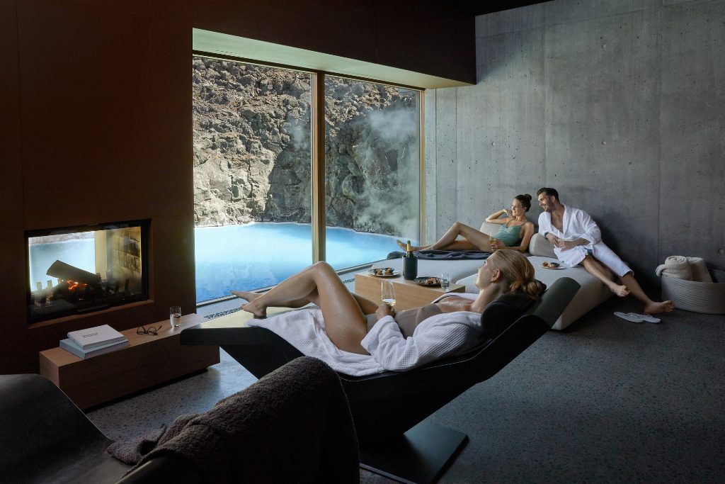 People relaxing at the Retreat Hotel in the Blue Lagoon.