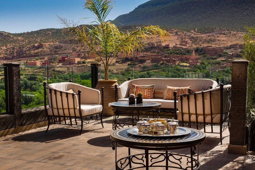 A garden patio in the Atlas Mountains at Kasbah Tamadot.