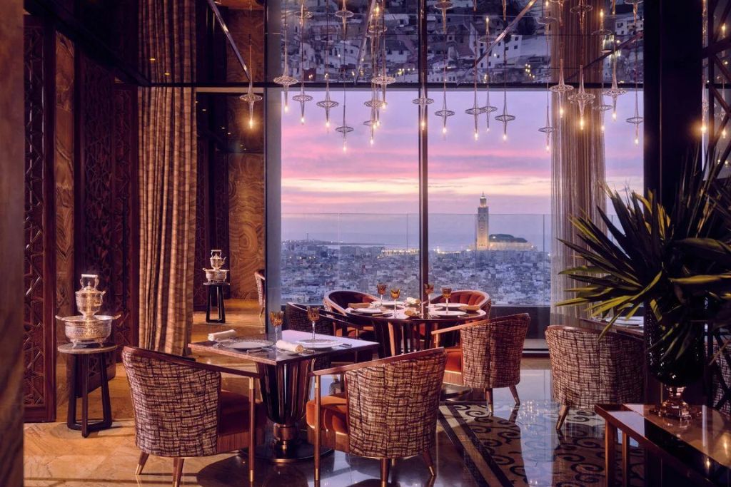 The dining room overlooking the city of Casablanca in the Royal Mansour