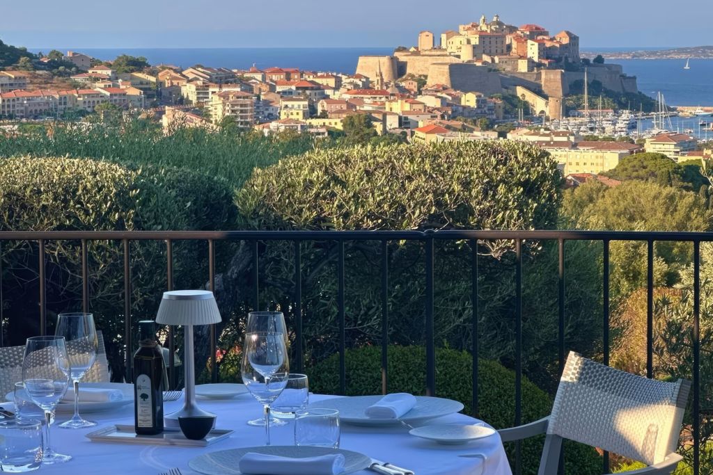 View of Corsica town from restaurant at La Villa Hotel in Calvi