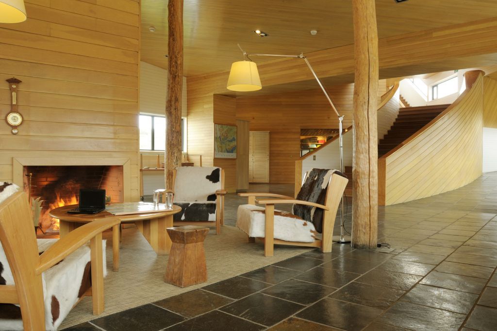 View of reception area at the luxury Explora lodge in Torres del Paine