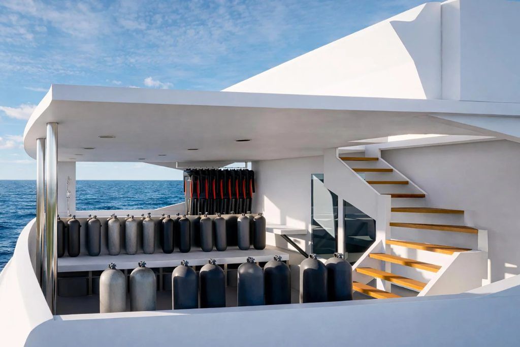 View of scuba diving equipment on the deck of the luxury Galaxy Diver III in the Galapagos Islands