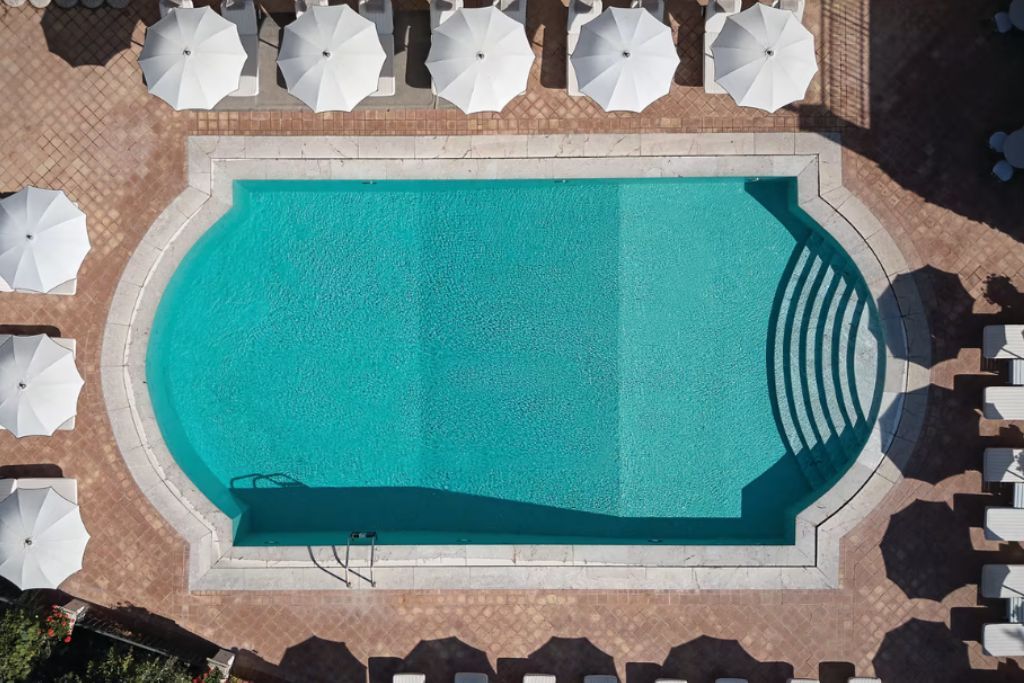 Overhead view of the outdoor pool at the Grand Hotel Timeo in Taormina in Sicily