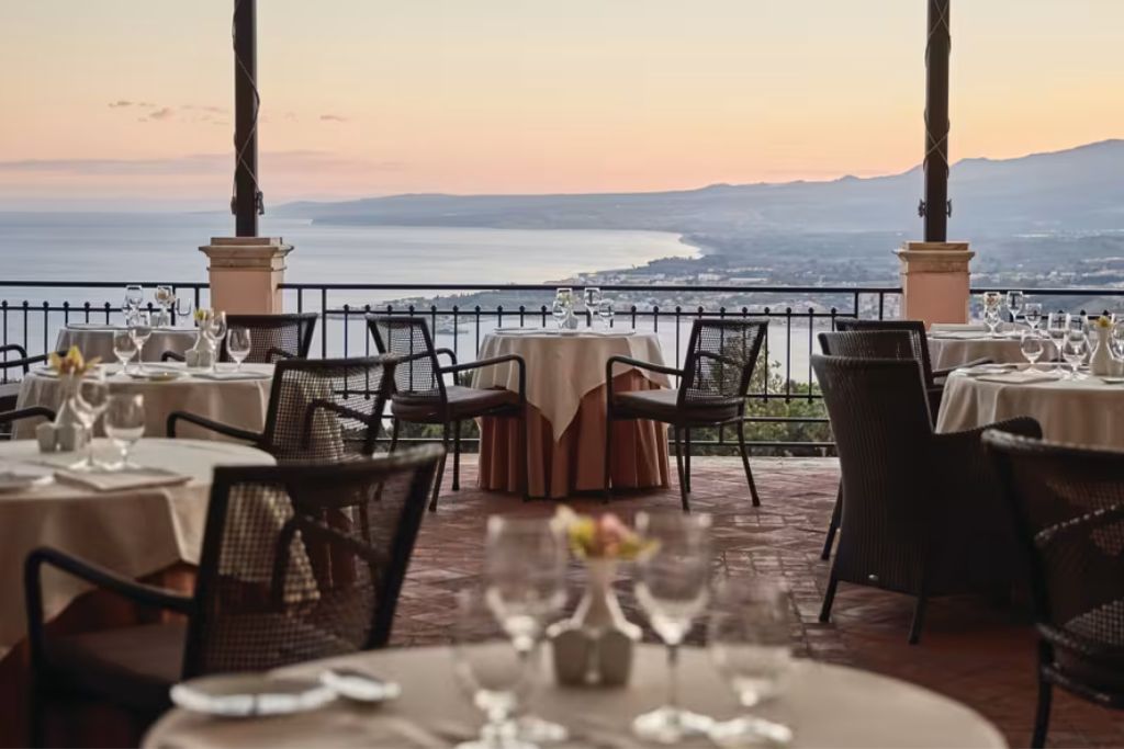 Stunning ocean view from the restaurant at Grand Hotel Timeo in Sicily