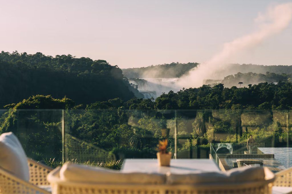 Balcony view of Iguazu Falls from Argentine luxury hotel