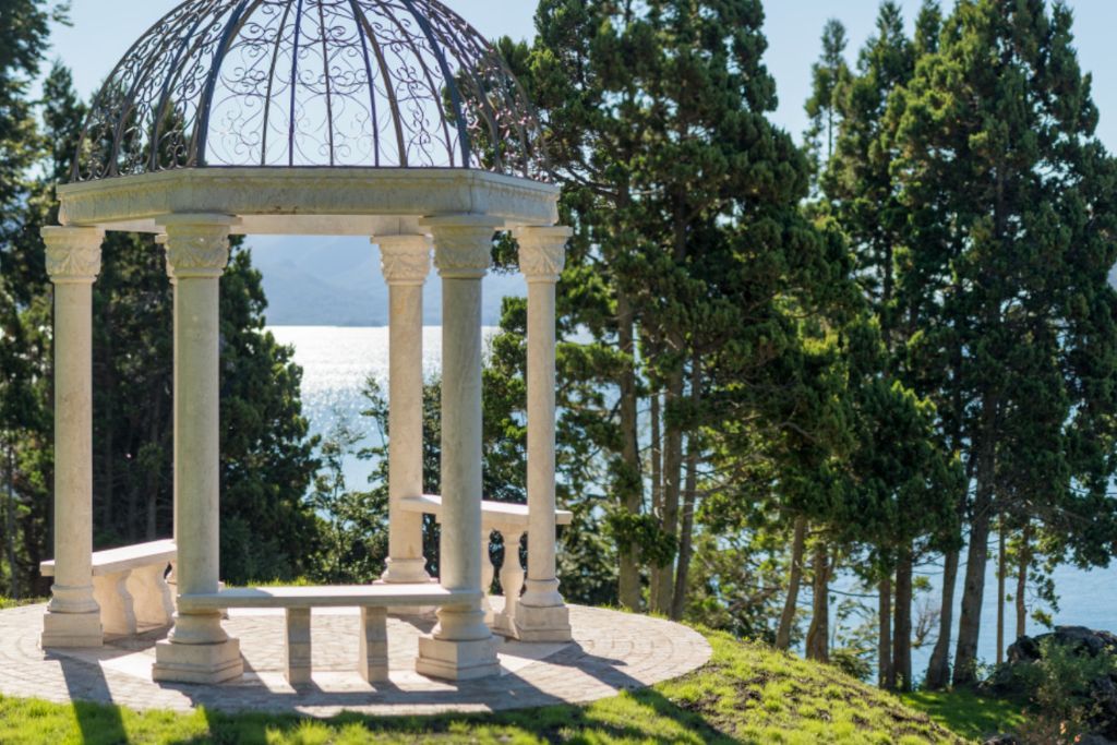 View of Patagonian lakes from stunning gardens at the luxurious Villa Beluno