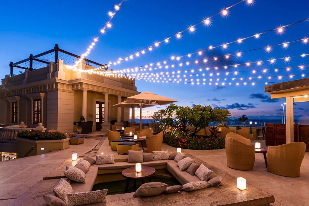 Beautiful night lights over rooftop terrace at Cartagena's Sofitel hotel