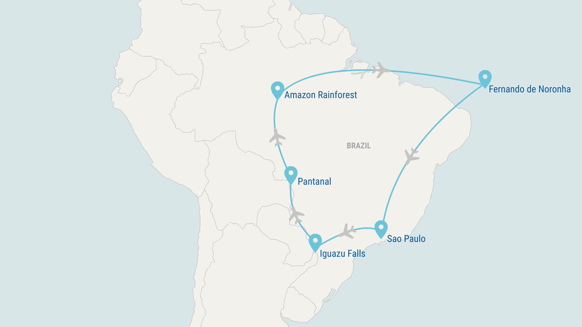 Map view of small private jet flight path during Wildlife Kingdom Of Brazil luxury tour