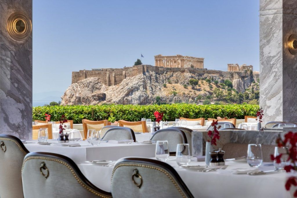 The outdoor dining area with a view of the Acropolis at the Hotel Grande Bretagne.