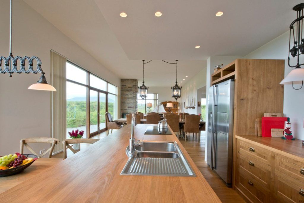 A Scandinavian kitchen with wooden accents in a private villa in Southern Iceland.