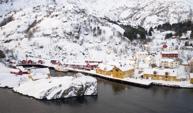 An aerial view of Nusfjord Village in winter