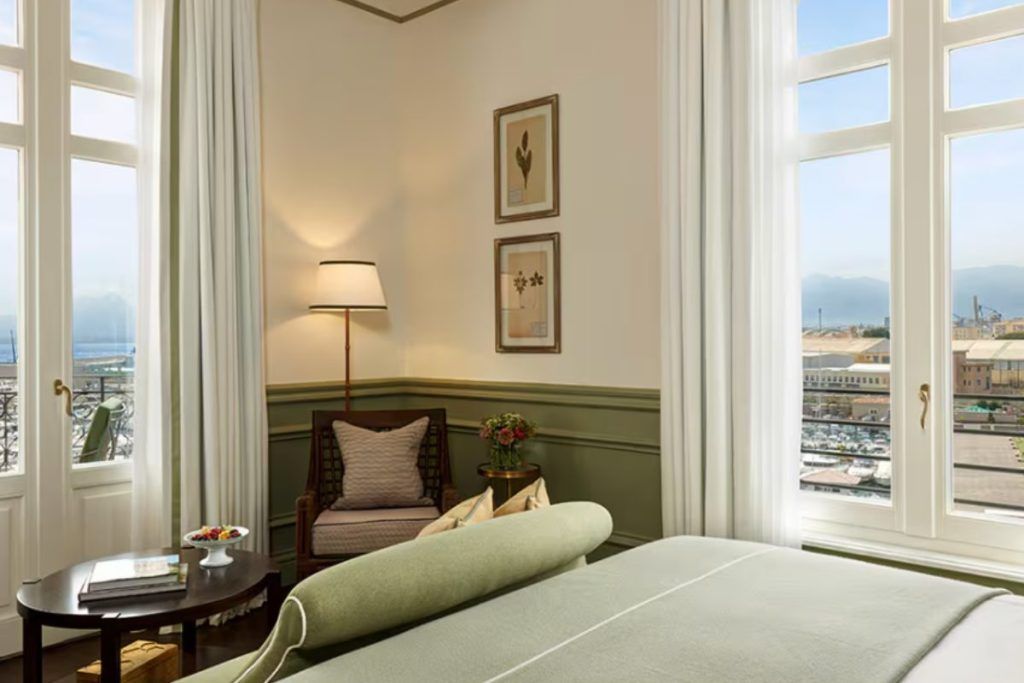 A view out the window of one of the rooms at Villa Igiea overlooking the sea.