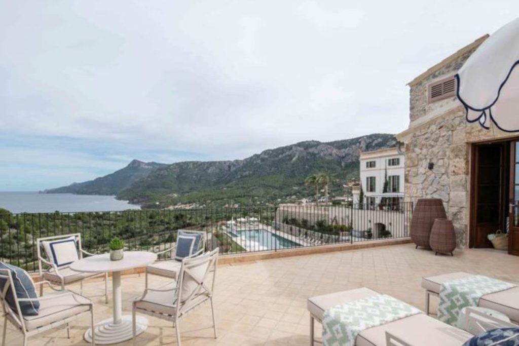 The patio with a view over the ocean at Hotel Son Bunyola in Mallorca.
