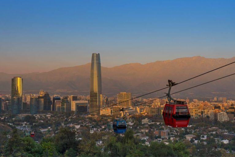 The cablecars in Santiago de Chile at sunset.