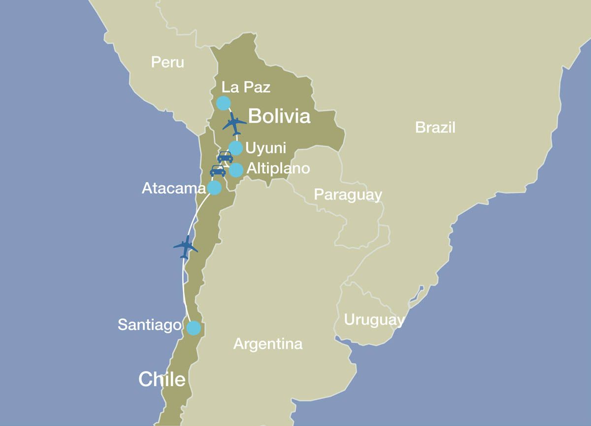 A map of Santiago, Atacama Desert, the Bolivian Altiplano and La Paz.