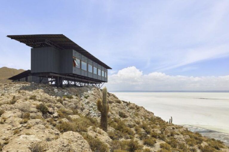 View of the luxurious Explora Lodge set on the banks of the Bolivian Salt Flats