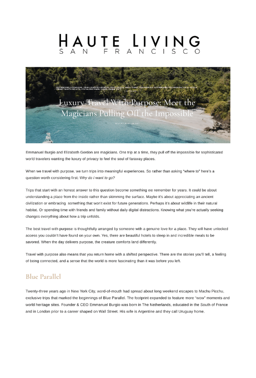Haute Living shares Blue Parallel's new small private jet itineraries in article