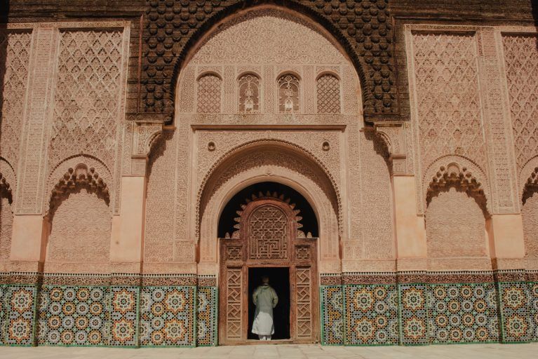 The entrance to the Medrasa Ben Youssef Mosque.