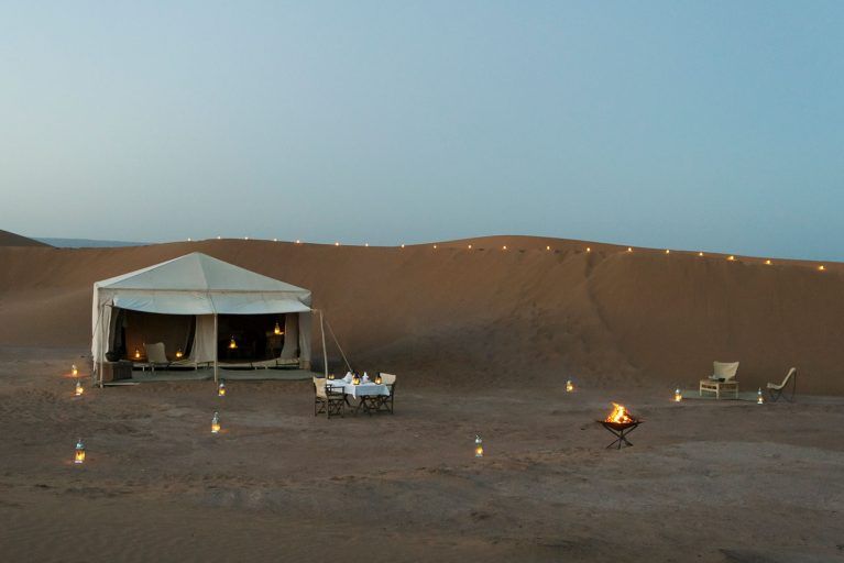 The exterior of the Courier Sud tent in the Luxury Desert Camp.