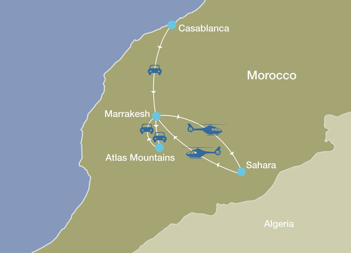 A map of Marrakesh, Atlas Mountains and the Sahara Desert.