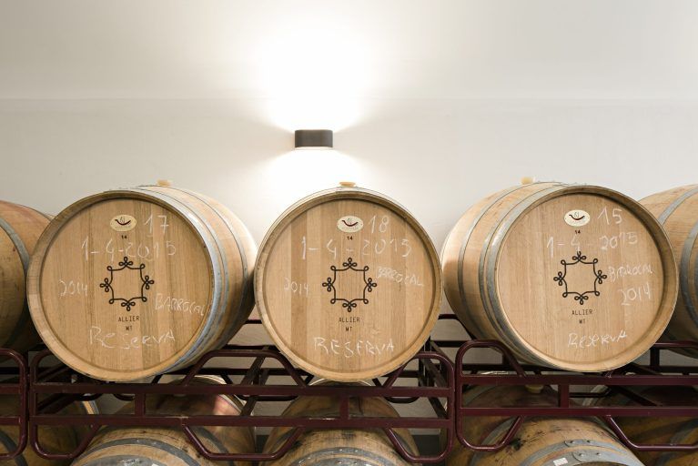 Barrels of wine in the winery at Sao Lourenco do Barrocal.
