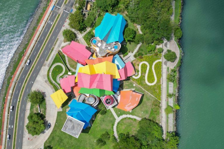 An aerial view of the Biomuseo in Panama City.