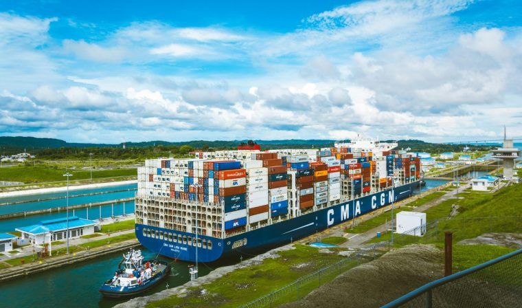 A large boat crossing the Panama Canal.