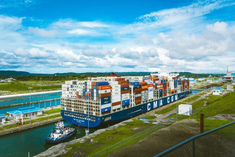 A large boat crossing the Panama Canal.