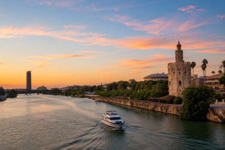 A yacht going down the middle of the river in Seville.