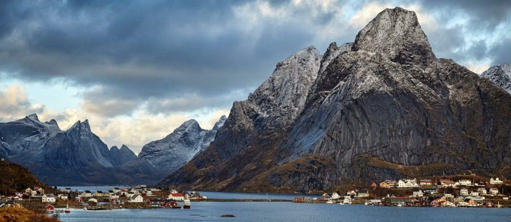 View of lake against the backdrop of the mountains in the Lofoten Islands