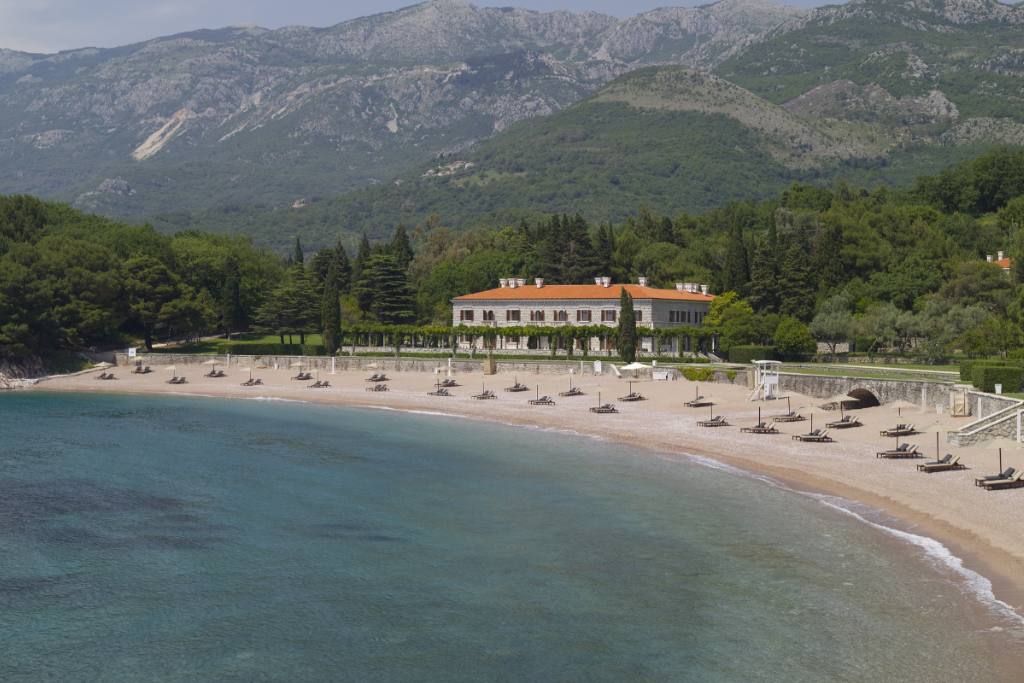 Aerial view of the luxurious Aman Sveti Stefan property and the private beach in Montenegro