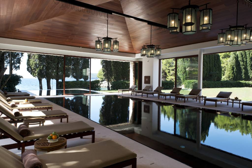 Luxurious indoor pool with stunning views of Montenegro at Aman