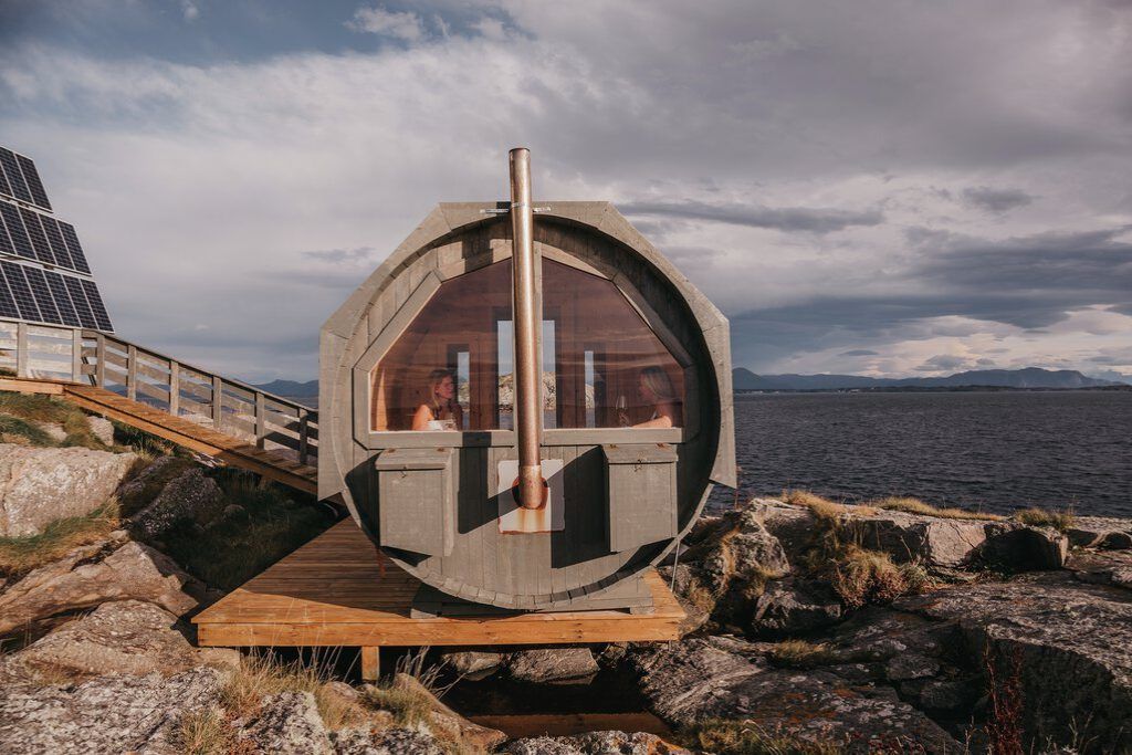Outdoor sauna with ocean views on private island property in Alesund