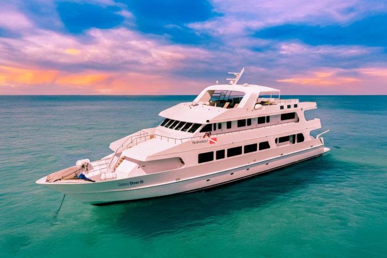 A view of the Galaxy III dive boat in the Galapagos Islands.