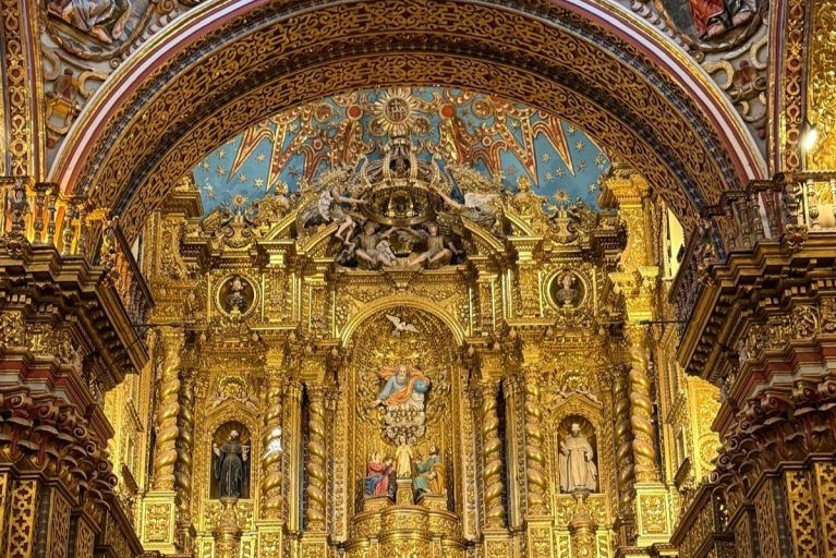 The interior of La Compañia church in Quito, Ecuador.