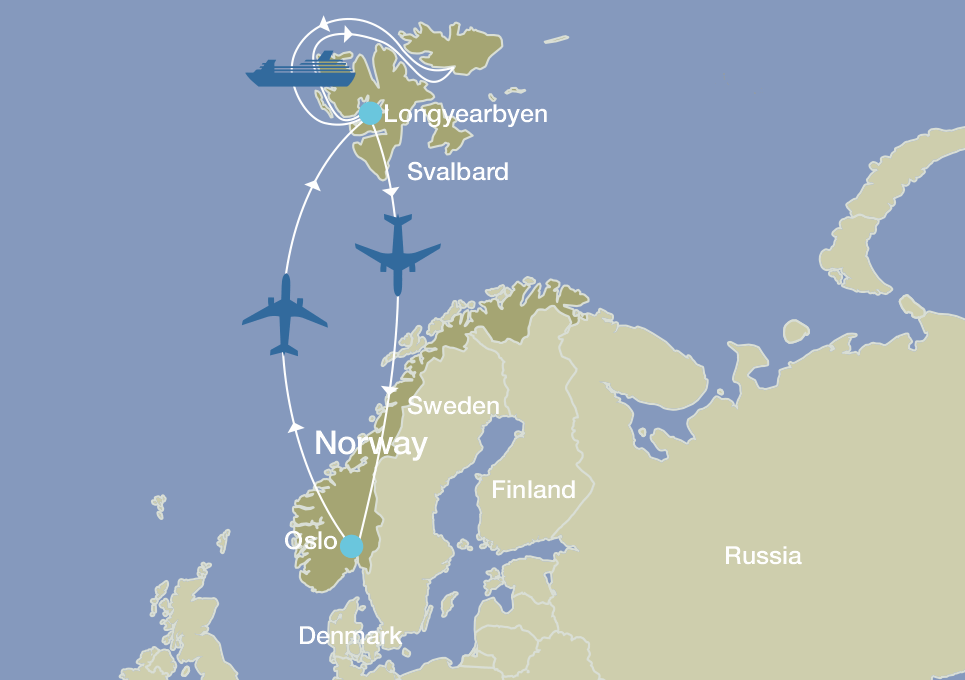 A map showing flights from Oslo to Longyearbyen